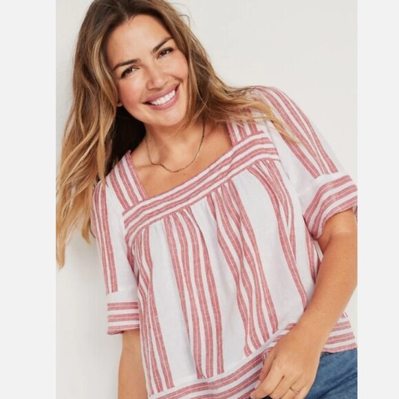 Old Navy Striped Linen-Blend Square-Neck Top L - Picture 1 of 8
